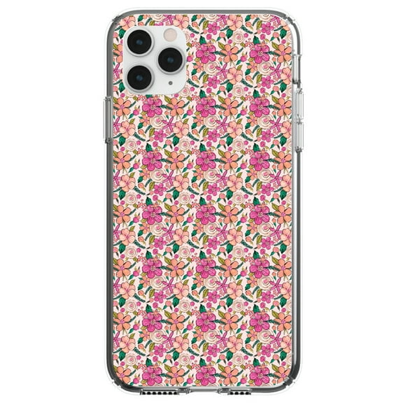 DistinctInk Clear Shockproof Hybrid Case for iPhone 11 Pro MAX (6.5" Screen) - TPU Bumper, Acrylic Back, Tempered Glass Screen Protector - Preppy Pattern - Pink Flowers Floral