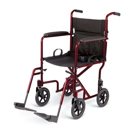 Medline Aluminum Transport Wheelchair with 8" Wheels, Swing Away Footrests & Permanent Full-Length Arms, Red