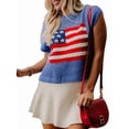thumbnail image 3 of Women'S American Flag Sweater Cap Sleeve Crop Tops Crew Neck Loose Fit Knit Sweater Pullover Top Blue M, 3 of 9