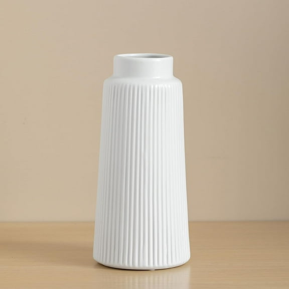 White Ceramic Vase for Flowers, Small Vase in Modern Nordic Style for Pampas Grass, 10 Inch Ribbed Vase for Farmhouse Home Decor  (ONLY VASE)