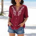thumbnail image 5 of Qwertyu Linen Shirts for Women Spring Summer Casual Short Sleeve Embroidered Boho Tops Loose Fit Button Down Blouses Trendy Dressy V Neck Work Shirts Wine M, 5 of 6