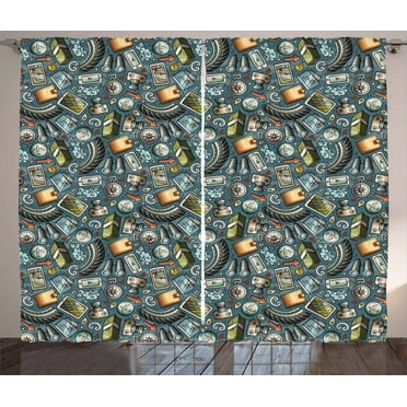 Explore Curtains 2 Panels Set, Cartoon Traveling Pattern with Coins Credit Cards Compass and Roads Doodle Design, Window Drapes for Living Room Bedroom, 108W X 90L Inches, Multicolor, by Ambesonne