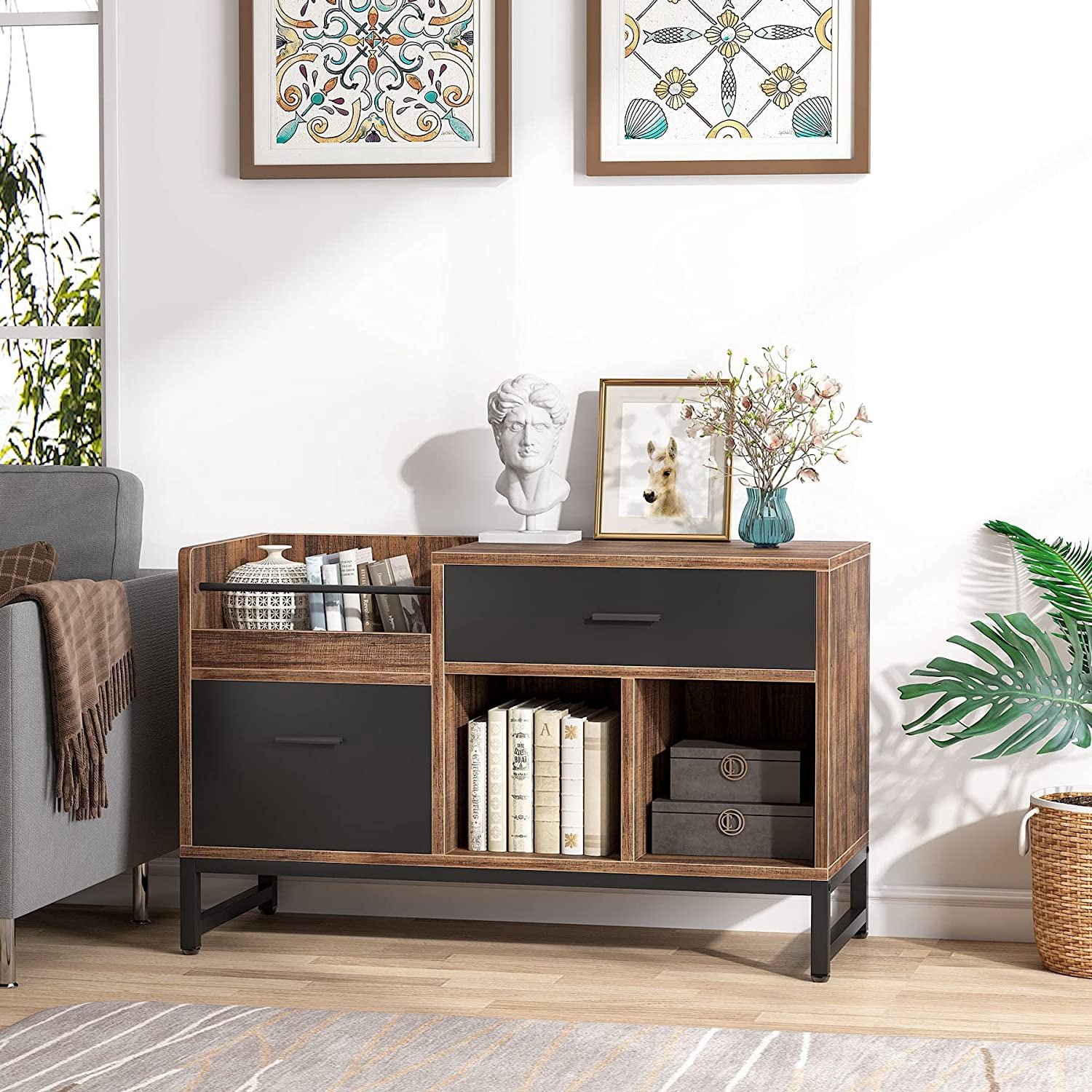 Tribesigns 2 Drawers File Cabinet, 39 inch Lateral Filing Cabinet with Open Storage Shelves for Home Office, Rustic Brown
