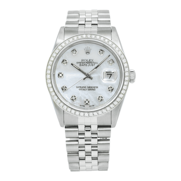 Pre-Owned Rolex Datejust 16234 36MM White Mother Of Pearl Diamond Dial And Bezel With Stainless Steel Jubilee Bracelet