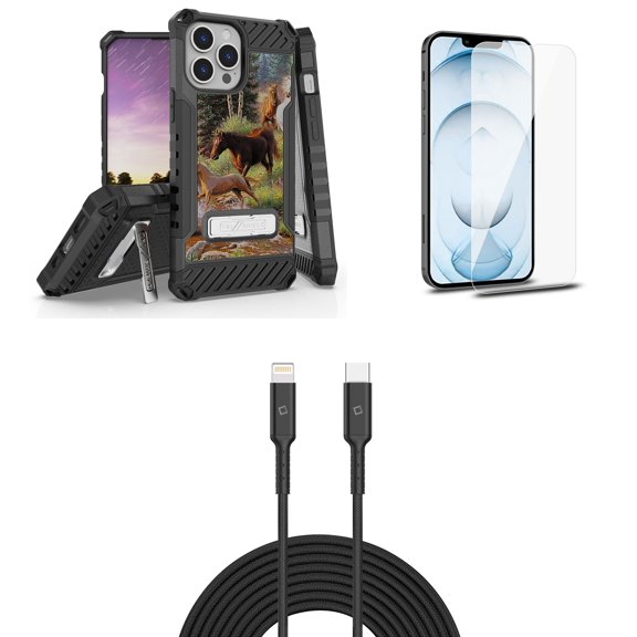 Bemz iPhone 13 Pro Max Bundle: Tri Shield Shockproof Armor Rugged Case (River Wild Horse), Premium Glass Screen Protectors (2-Pack), USB-C to Lightning Cable (3.3ft/1m)