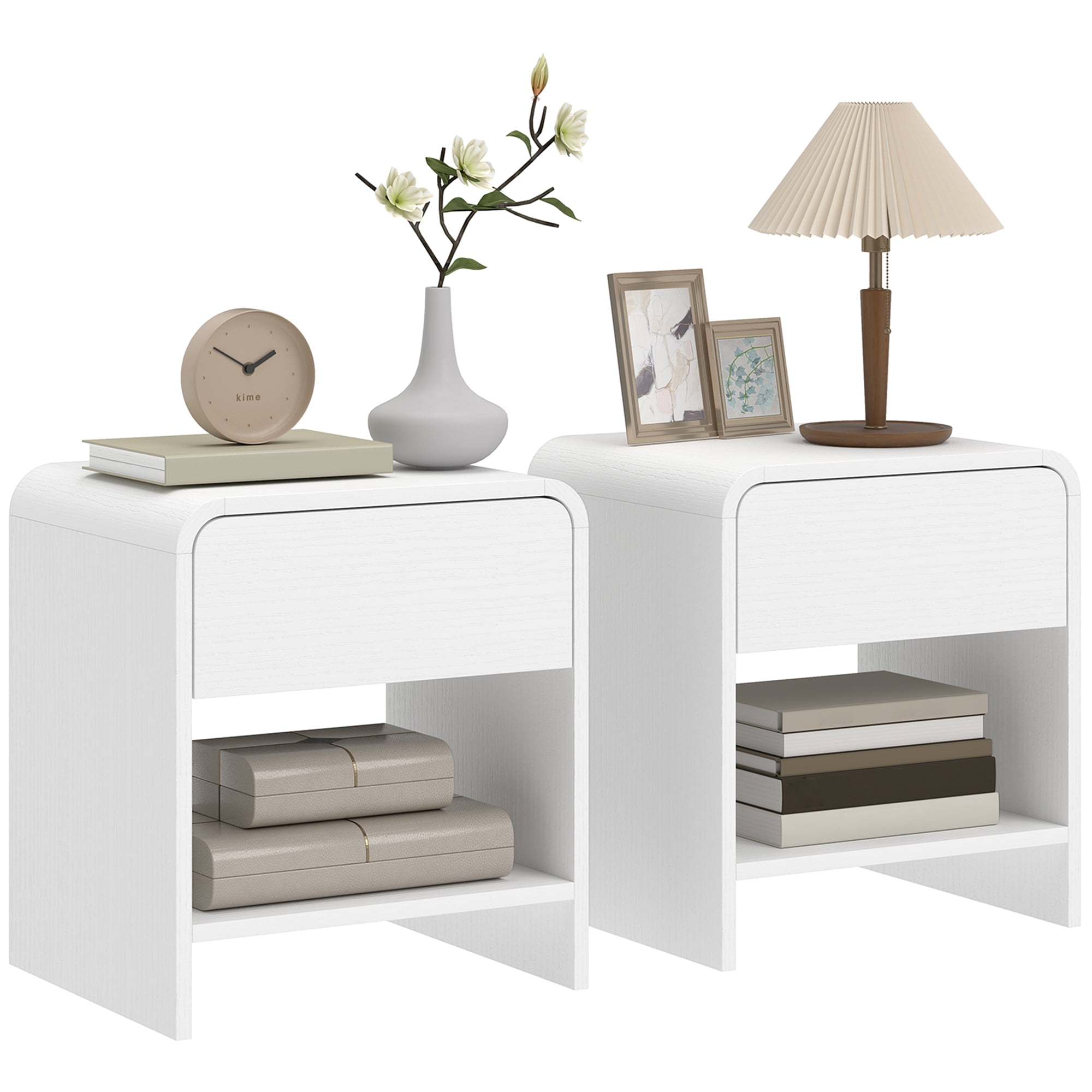 HOMCOM Nightstand Set of 2, Bedside Table with Rounded Corners, White ...