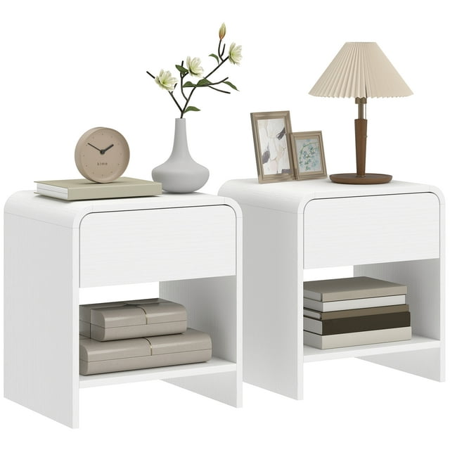 HOMCOM Nightstand Set of 2, Bedside Table with Rounded Corners, White