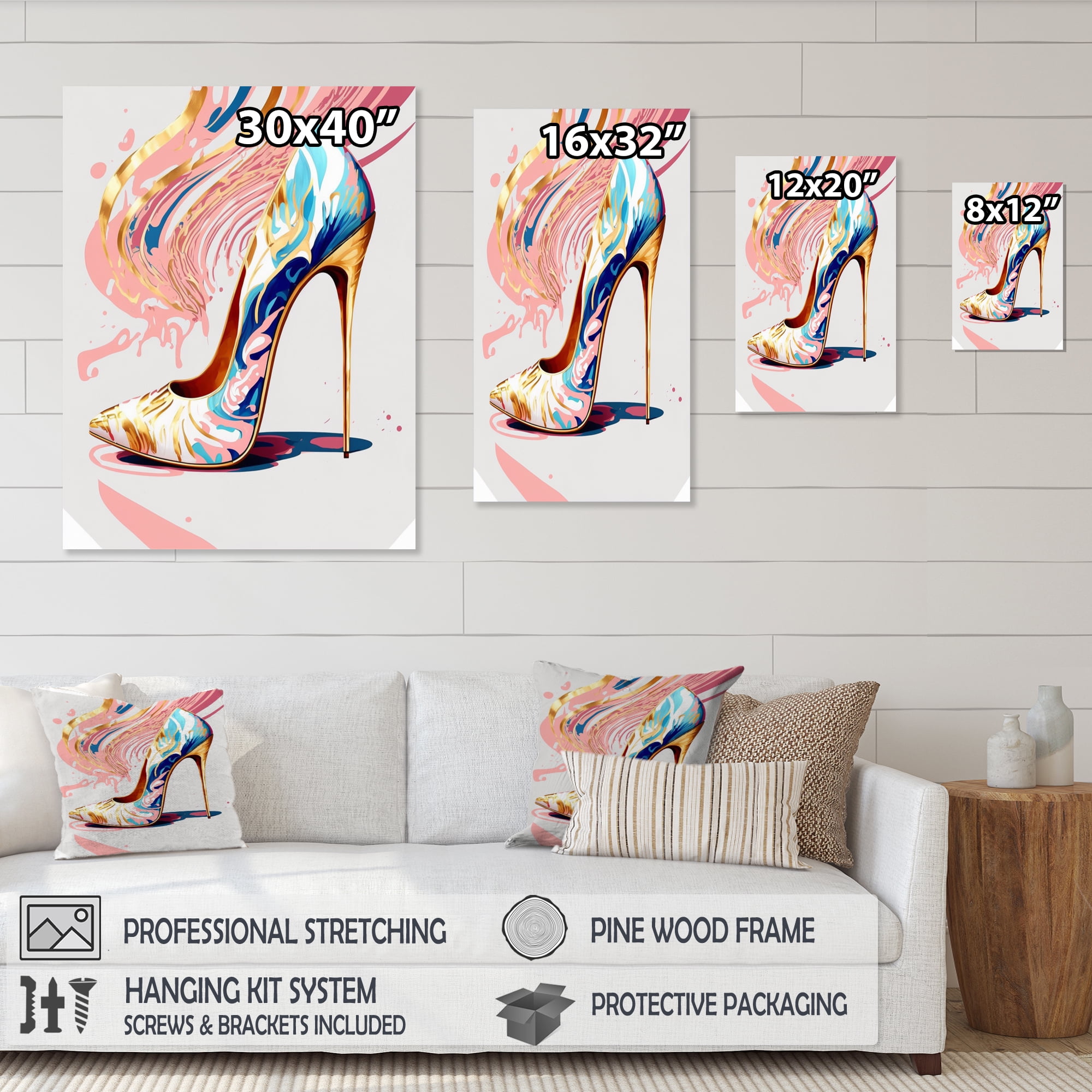 Designart Pink And Blue Art Deco High Heel Shoes I Canvas Wall Art