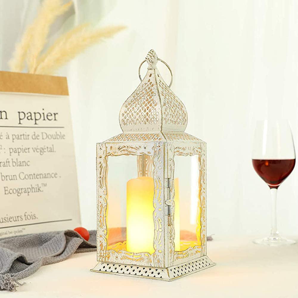 4 Moroccan Style Candle Lanterns Creamy White w/ Clear Glass Panels 13" High 
