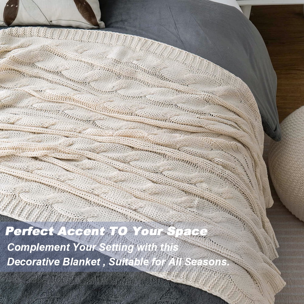 Cream Cable Knit Blankets, White Herringbone Decorative Knitted Throw,Housewarming Gifts,50"x60"