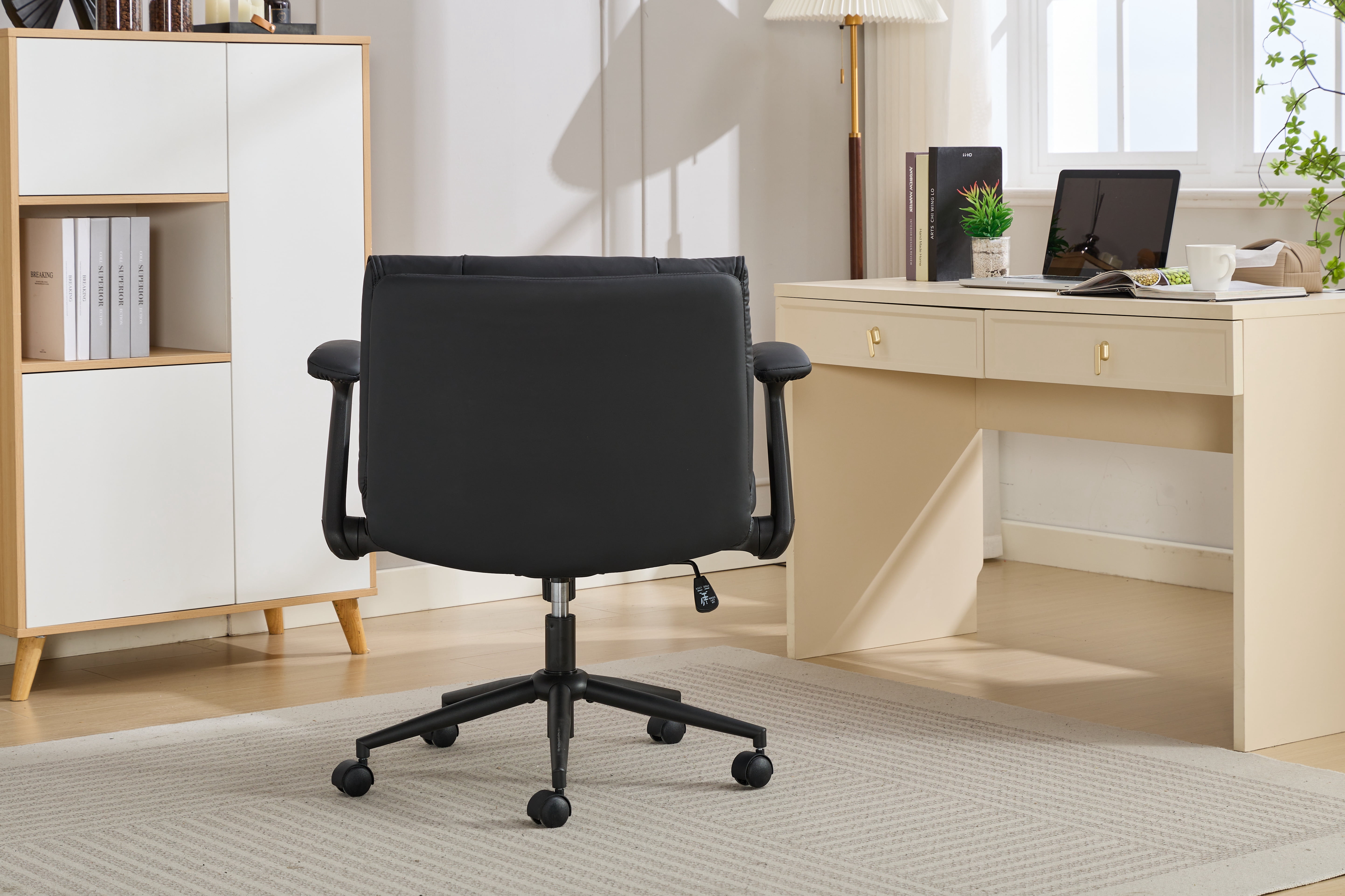Cross Legged Office Chair on Wheels, Comfy Swivel Chair with Wide Seat for Home Office, Vanity, Ergonomic Desk Chair Adjustable, Black