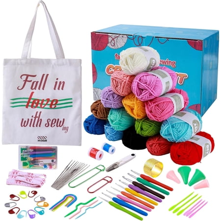 XKDOUS 70 Piece Crochet Kit for Beginners Adults, Crochet Starter Kit Crocheting Kit, Beginner Knitting Kit with Crochet Yarn and Crochet Bag