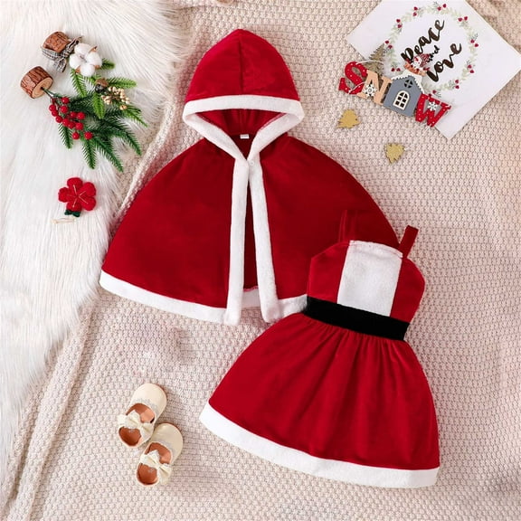 NAISIBABY Girls Christmas Dress, Santa Cosplay Suspender Funny Party Dress with Hooded Shawl Red 2-3T