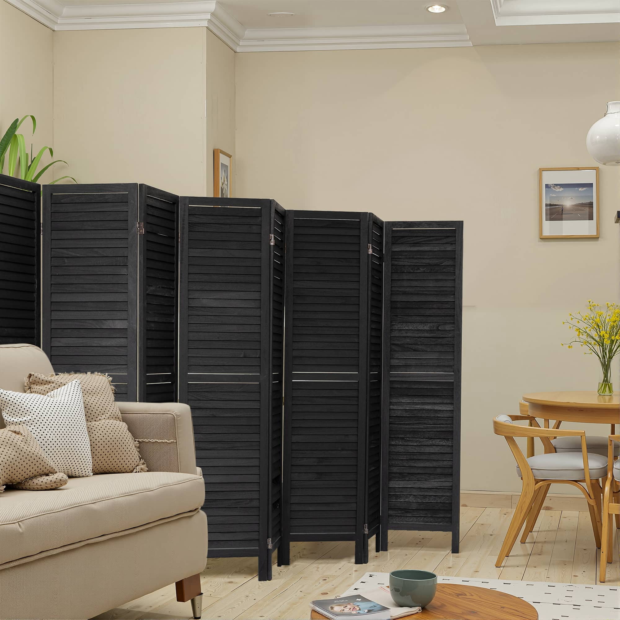 MAYEERTY 8 Panel Wood Room Divider, 5.6Ft Freestanding Louvered Divider Screen, Black