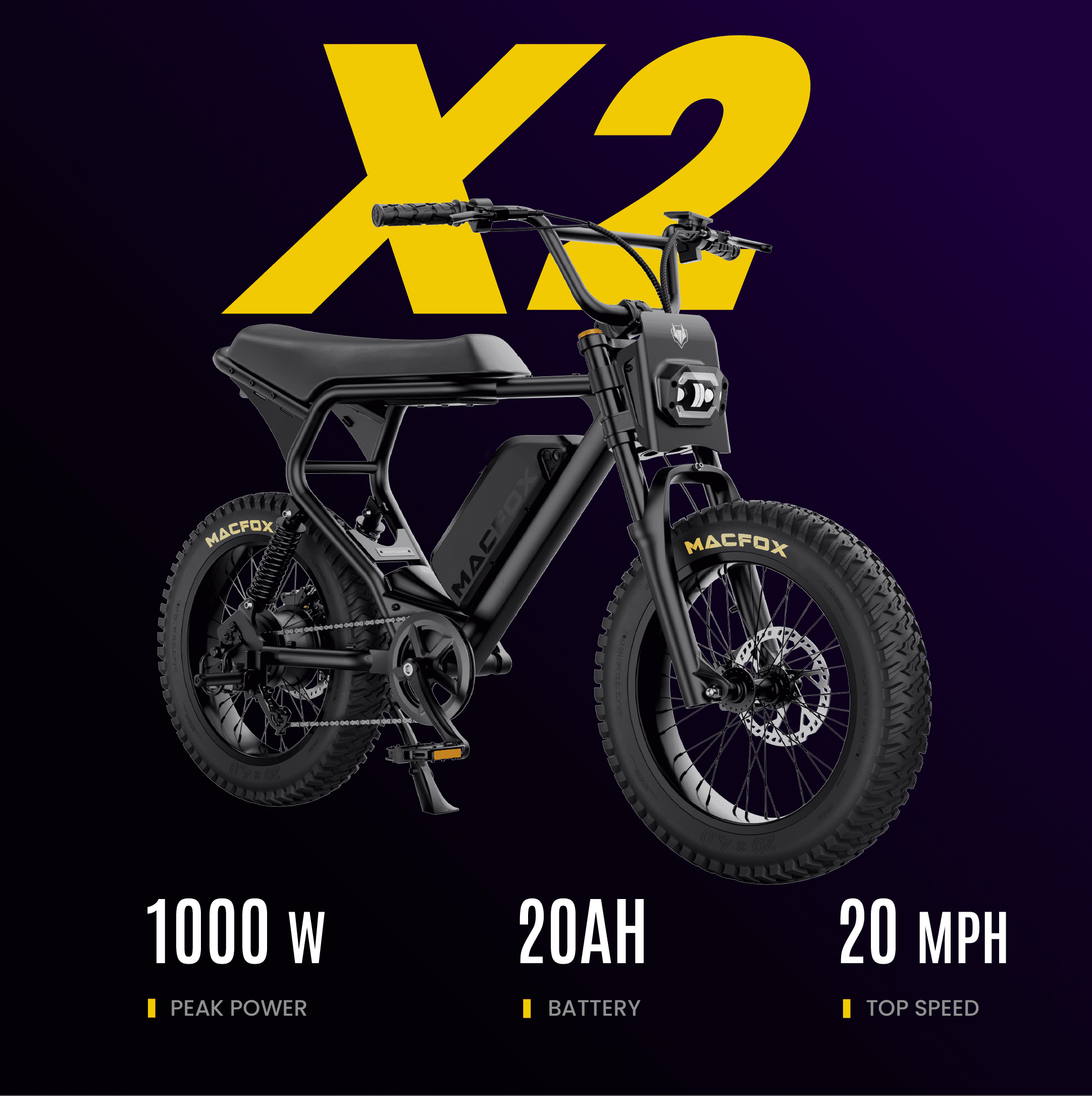 Macfox X2 1000W Peak Electric Mountain Bike , 20"x4.0" Fat Tire E-Bike, 48V 20Ah Battery, 20MPH, Full Suspension