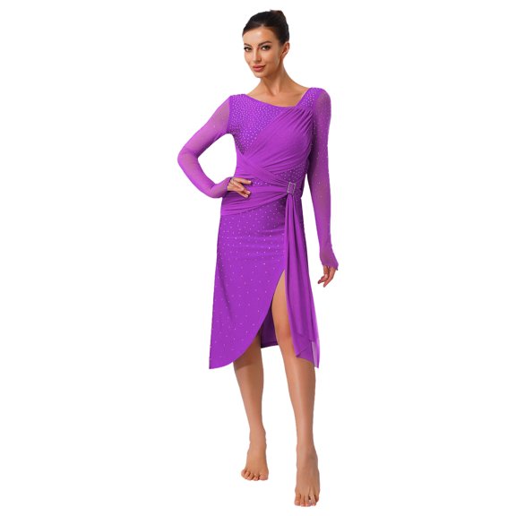 Sholeno Lyrical Dance Dress for Women V-neck Long See-through Sleeves Rhinestone Modern Contemporary Purple M