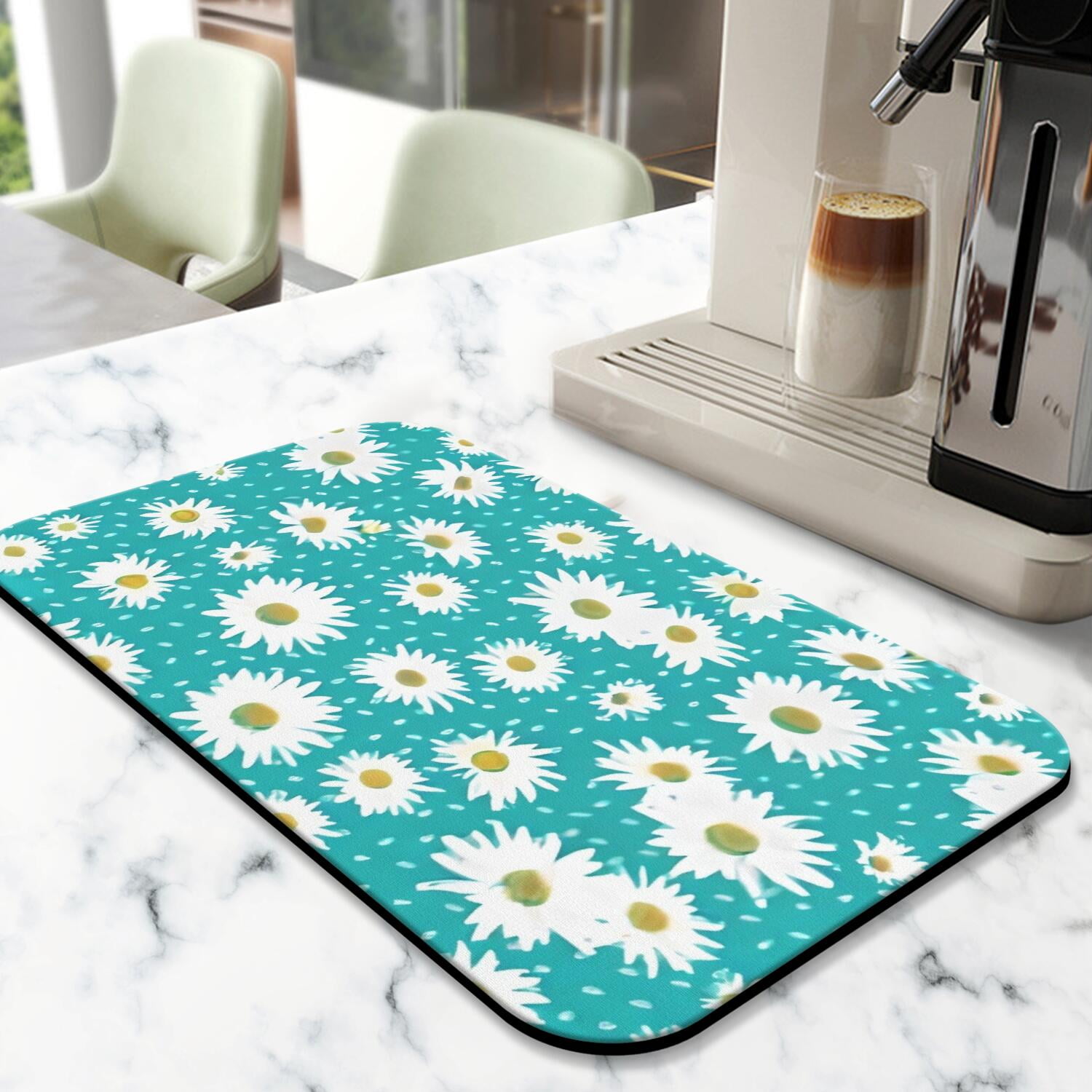 2 Pack Washable Rubber Daisy Cute Floral Dish Drying Mats for Kitchen Counter Home Large Coffee Bar Pad Accessories and Decor for Utensils Stemware (2pcs 18''x24''+19.5''x12'')
