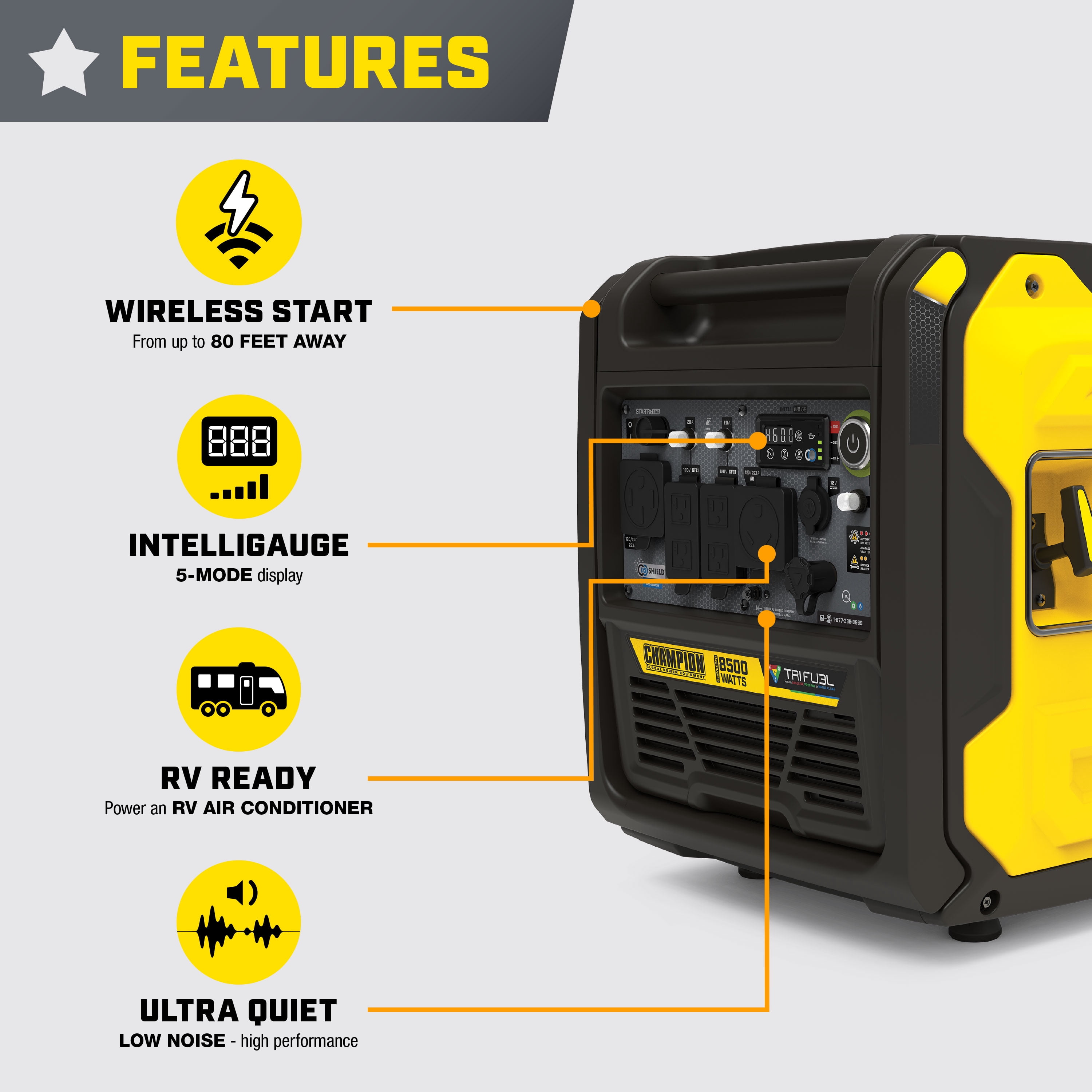 Champion Power Equipment 8500-Watt Wireless Remote Start Tri Fuel Ultra Quiet RV Ready Portable Inverter Generator with StartLINK and CO Shield