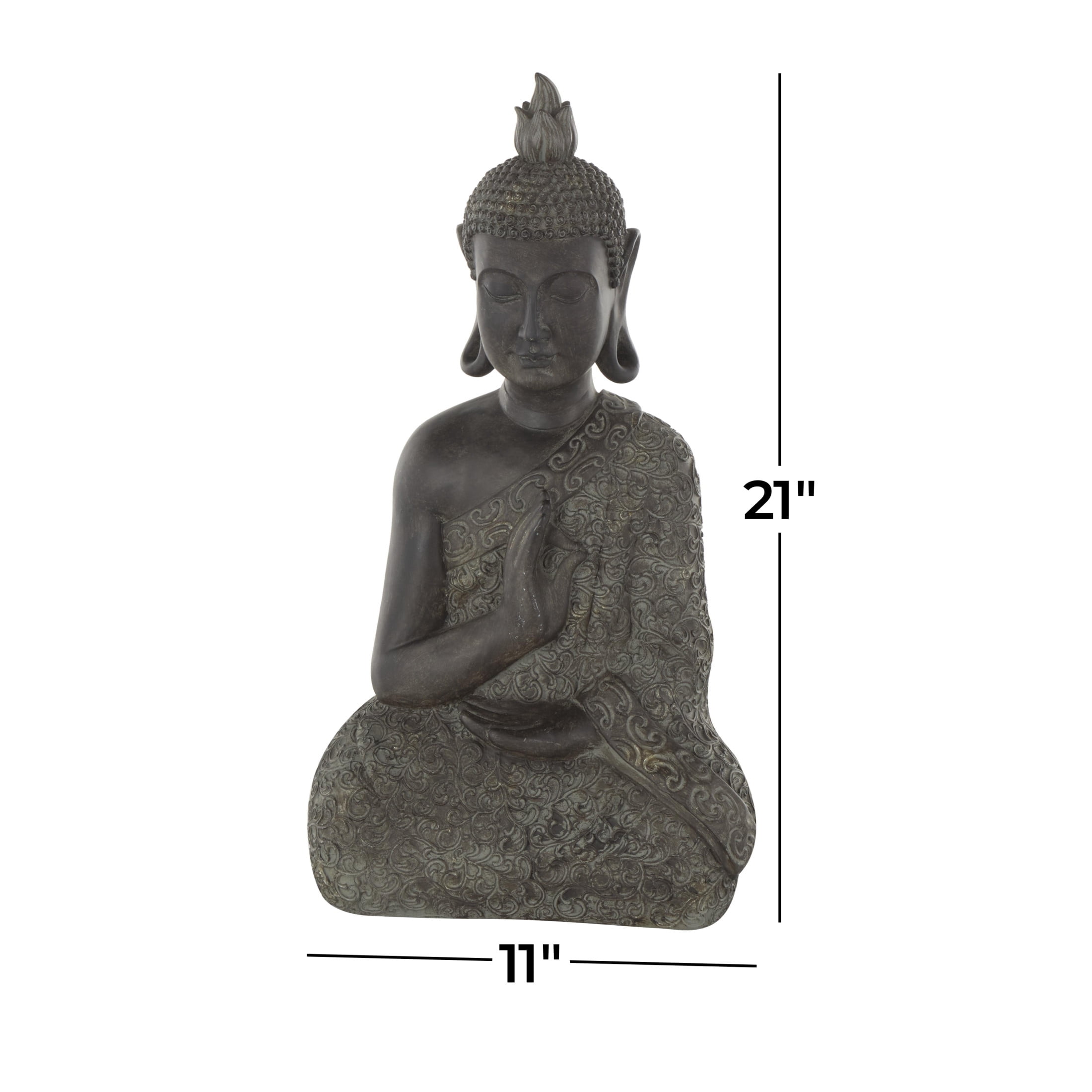 11" x 21" Brown Polystone Meditating Buddha Sculpture with Engraved Carvings and Relief Details, by DecMode