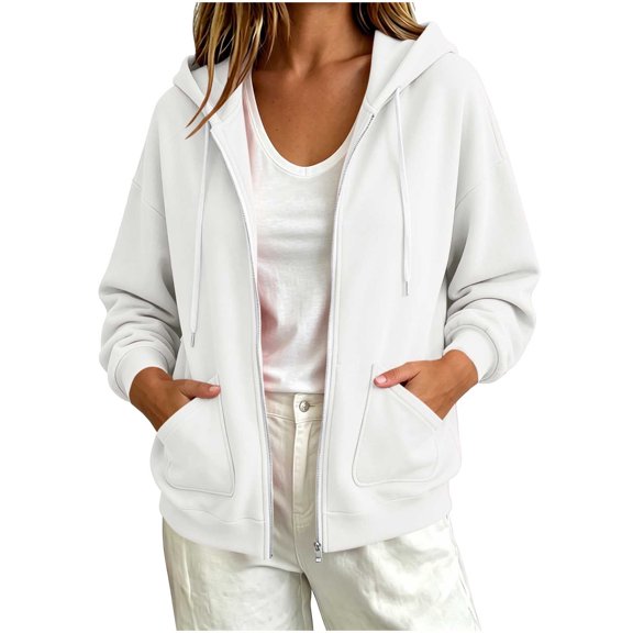 Besolor Womens Zip up Hoodies Drawstring Long Sleeve Sweatshirts Fall Winter Casual Thermal Warm Outdoor Track Jacket with Pockets(X-Large,White)