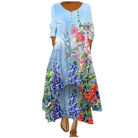 

Moxiu Boho Dress for Women Casual Long Sleeve Print V Neck Flower Plus Size Dresses Beach Loose Fit Birthday Dresses for Women