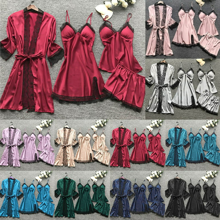 Pajamas for Women Silk Pajama Set,Women's Silk Satin Pajama Set Cami Top  Nightgown Lace Night Robe Sexy Sleepwear Robe Sets 