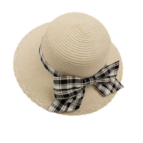 Trendy Classic Bucket Hat Sunshade Beach Woven Panama Hat Female Sun Hat Straw Hat Korean Style Cap British style WHITE