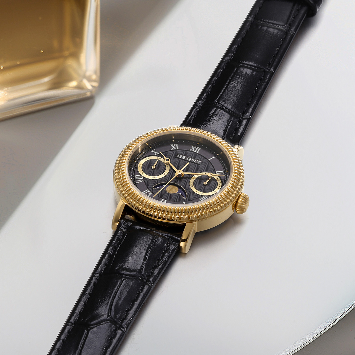 BERNY Womens Leather Watch, Vintage Roman Numerals Luxury Moon Phase Watch with Day & Date, Stainless Steel, Sapphire Crystal, Waterproof, Fashion Dress Analog Quartz Wrist Watches for Women (Gold)