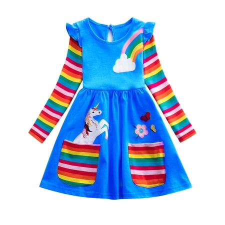 

ENFLASH 2-8T Girl Ruffle Long Sleeve Dress Child Cartoon Rainbow Cotton Casual Pleated Twirly Dress