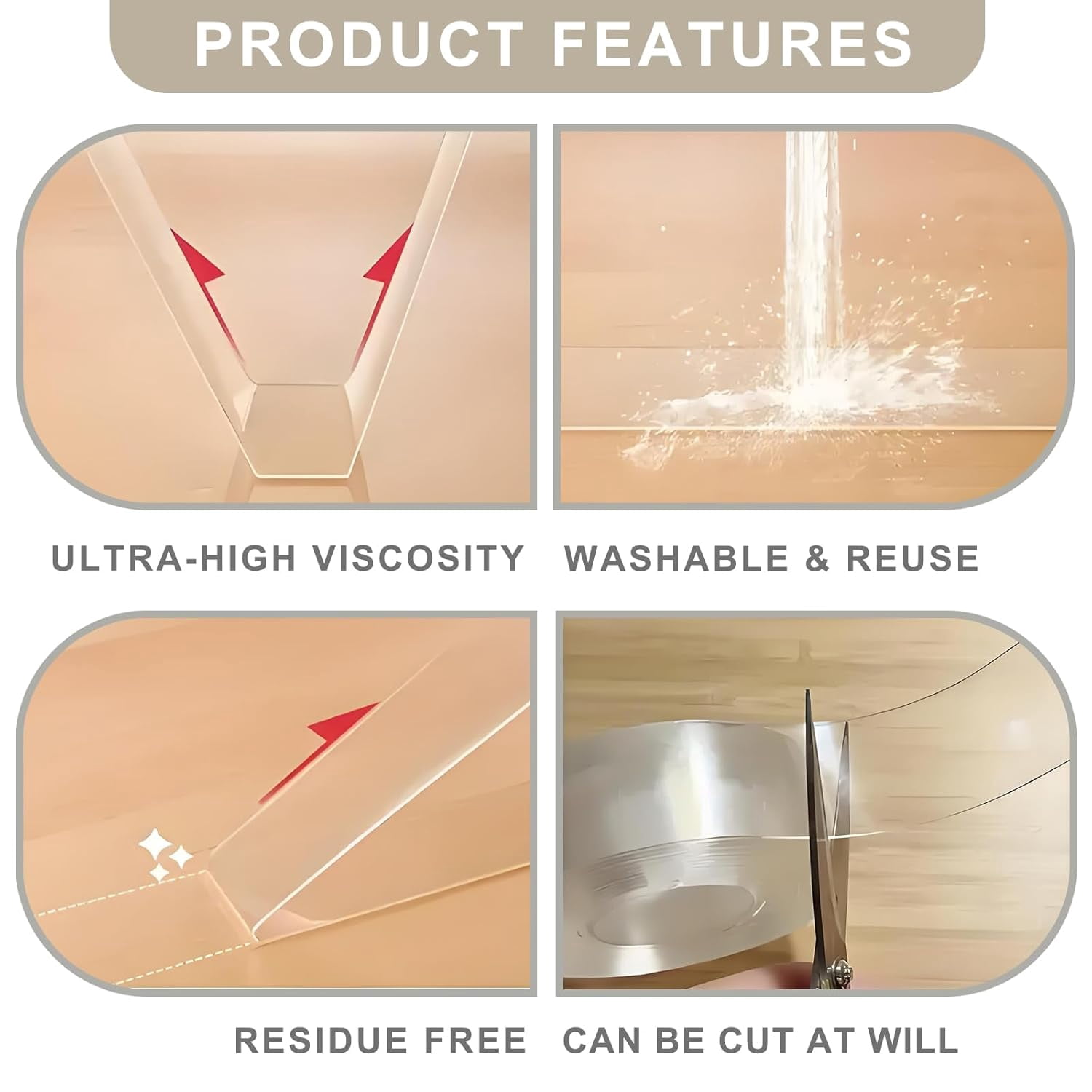 Nano Tape, Double Sided Tape, Removable Wall Tape for Hanging Picture, Poster, Carpet, Wall/Car/Home Mounting Strips, No Residue Clear Adhesive (4PCS)
