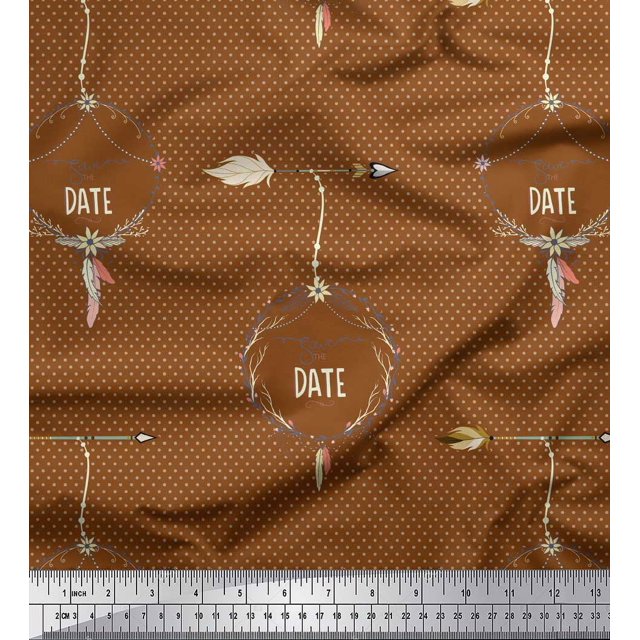 Soimoi Brown Poly Georgette Fabric Dot,Arrow & Save The Date Text Print Sewing Fabric Yard 42 Inch Wide