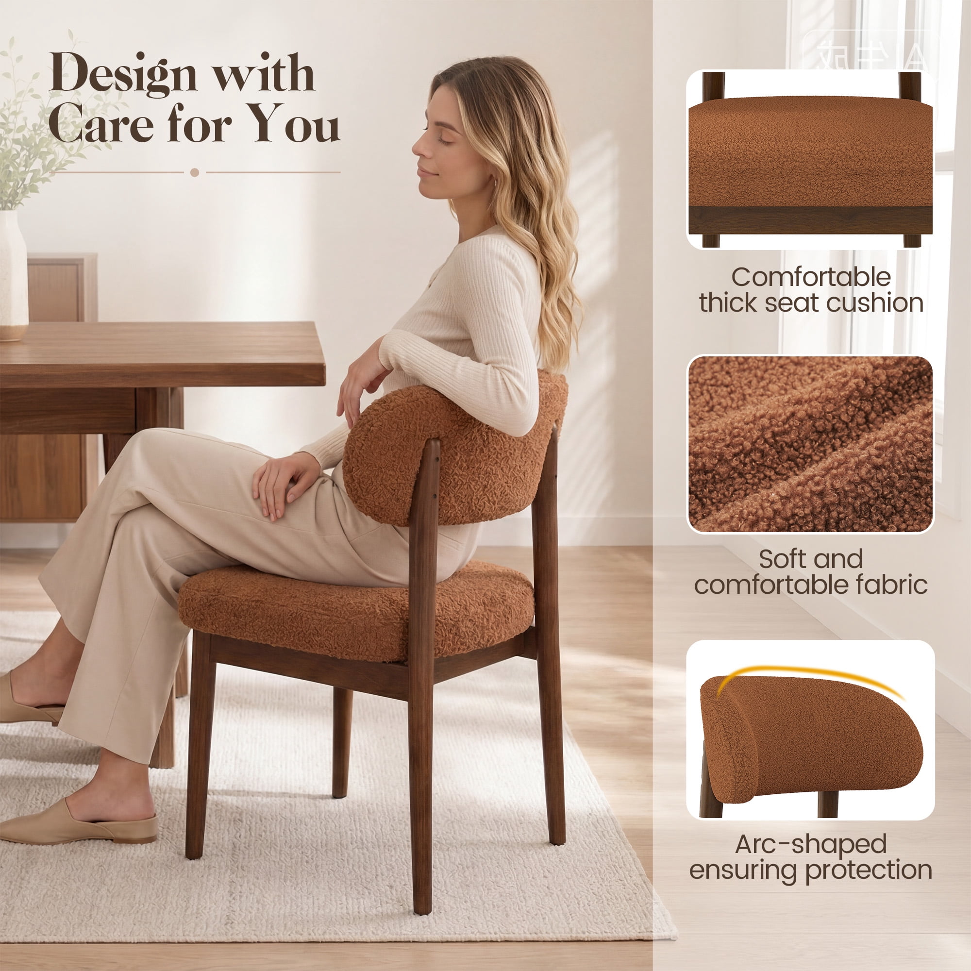 MOONMISS Dining Chair Set of 2,Upholstered Wooden Dining Chairs with Curved Back,Teddy Kitchen Side Chairs,Brown