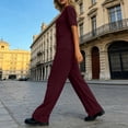 thumbnail image 4 of Dazajoo Womens Summer Loungewear Set 2 Piece Crew Neck Short Sleeve Tops with Wide Leg Pants Casual Beach Vacation Outfit Sets,Wine,XL, 4 of 8