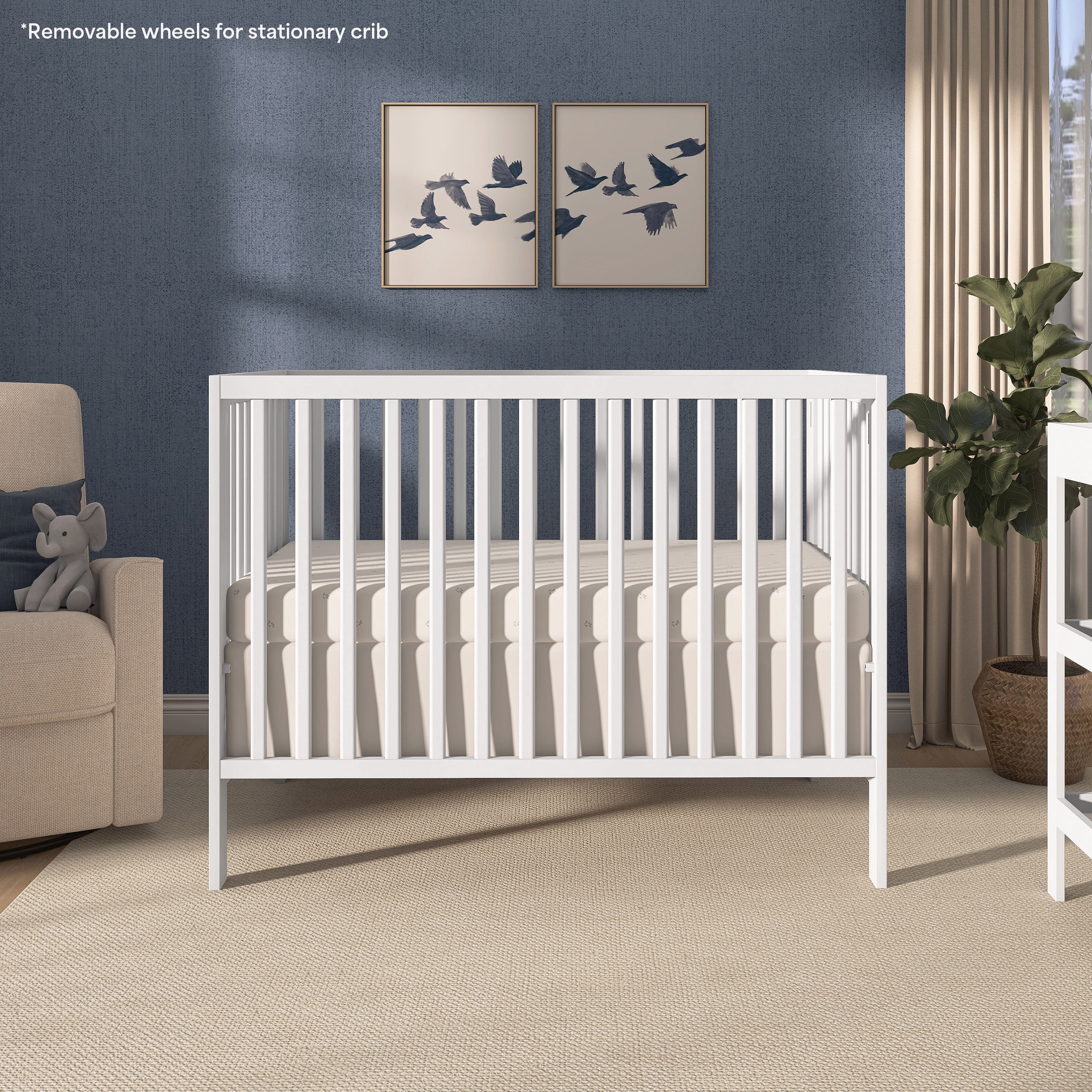 Dream On Me Quinn Full-Size Folding Crib, Removable Wheels, Modern Nursey, Adjustable Mattress Support, Patent Folding System in White