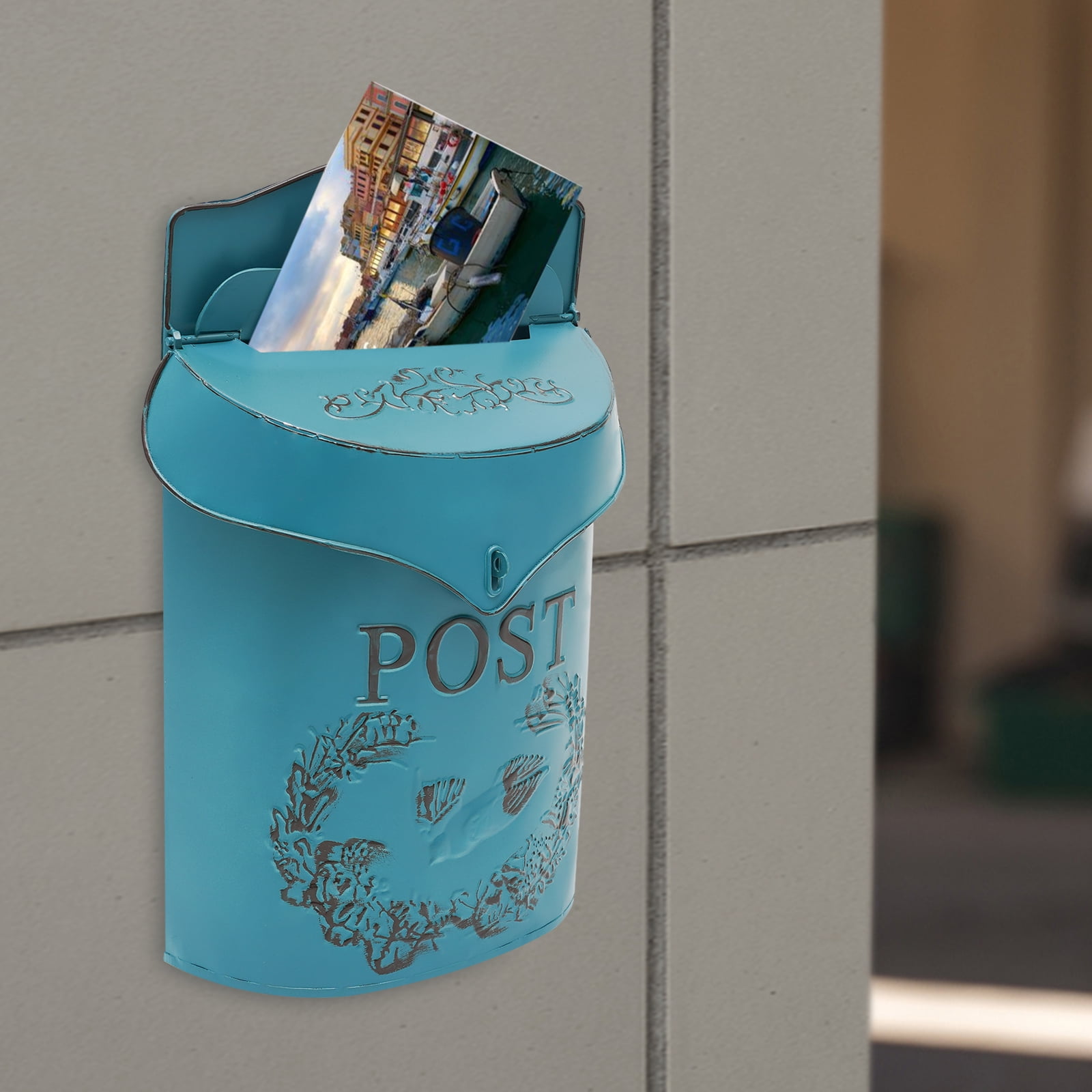 Mailboxes for Homes, Vintage Blue Inspired Shabby Post Mailbox, Wall Mounted Mailbox for Outdoor Vintage Garden Decoration