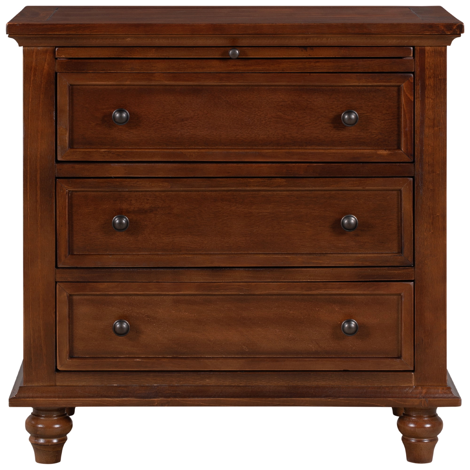 EUROCO Storage Wood Bedside Cabinet，Dresser End Table with Pull out Tray，Bedside Table with 3 Drawers,Rubber Wood Legs，Iron Handle and Solid Frame for Living Room Bedroom Entryway,Brown