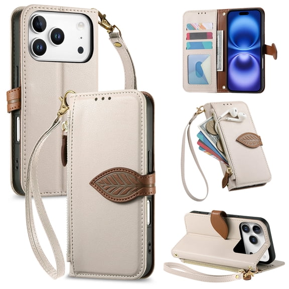 TECH CIRCLE For iPhone 17 Pro Max Magnetic Flip PU Leather Wallet Case Cover With Strap Cash Slot Zipper Credit Card Slot Shockproof PC TPU Lanyard Anti-Scratch Cover for Women Girls,White