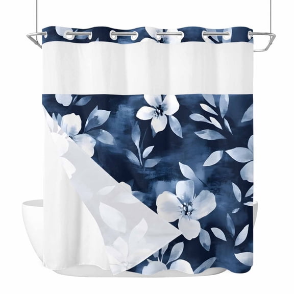 Navy Blue Spring Floral No Hook Shower Curtain Waterproof,Bathroom Curtains with Snap in Liners and See Through Top Window,Summer Flowers Watercolor Botanical Hotel Bathtub Curtains Shower 72"Wx78"L