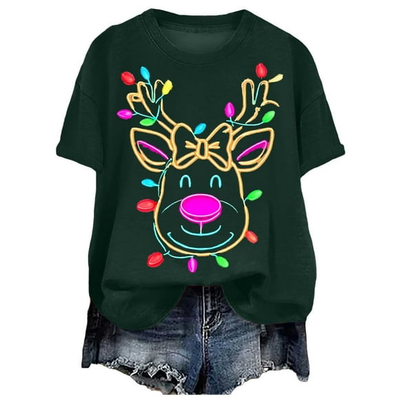larppty Christmas Shirts for Women 2025,Christmas Reindeer Print Xmas Holiday Tees Cute Graphic Short Sleeve Tops (Dark Green, S)