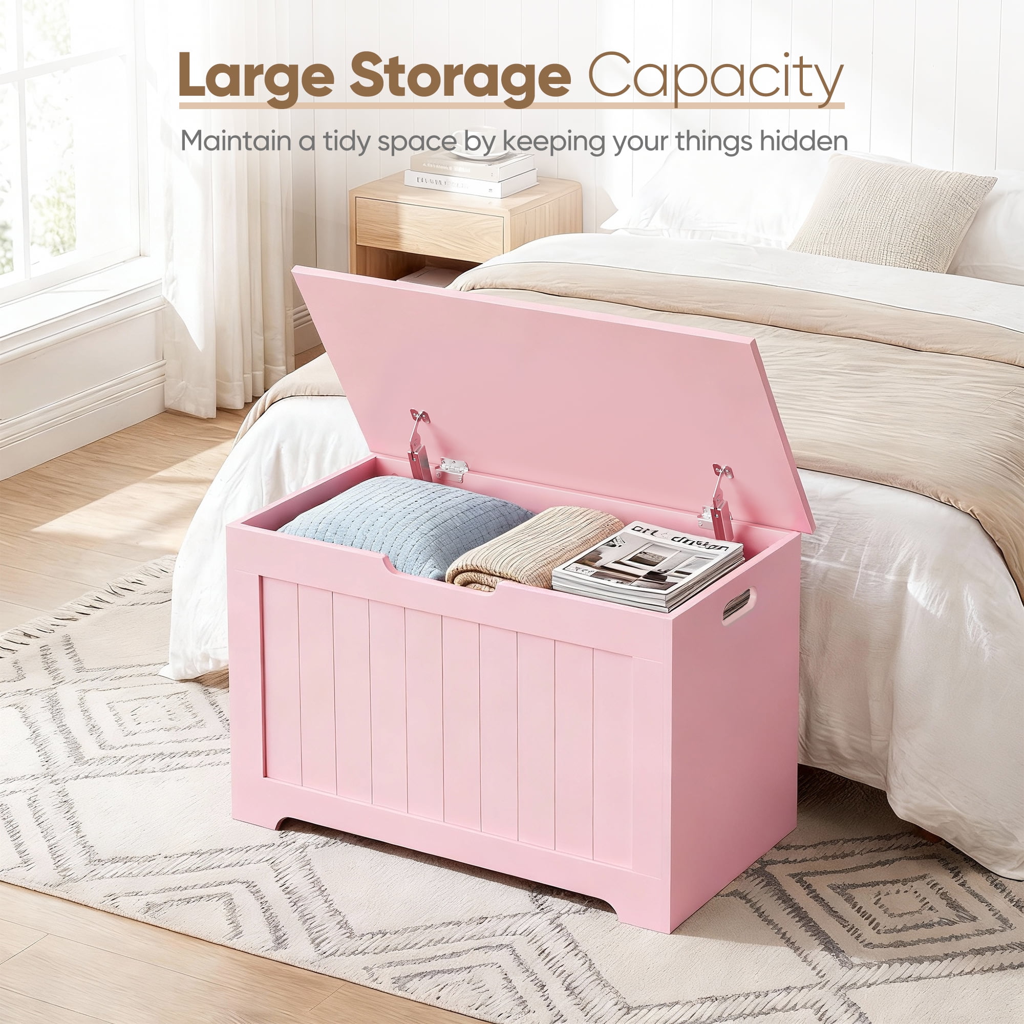 SuperDeal 30-Inch Lift Top Storage Chest Wooden Home Organizer Bench with Safety Hinged Lid Large MDF Toy Box Entryway Bedroom Living Room, Pink