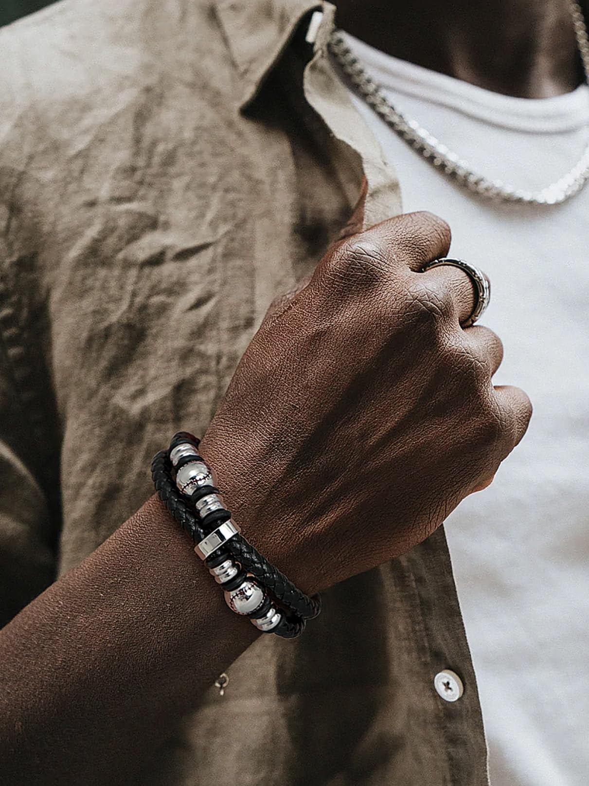 Bandmax Black Leather Bracelets for Men Double-Layer Baseball Braided Rope Bracelet with Stainless Steel Baseball Beads Wristband Wrist Bangle for Birthday Gift