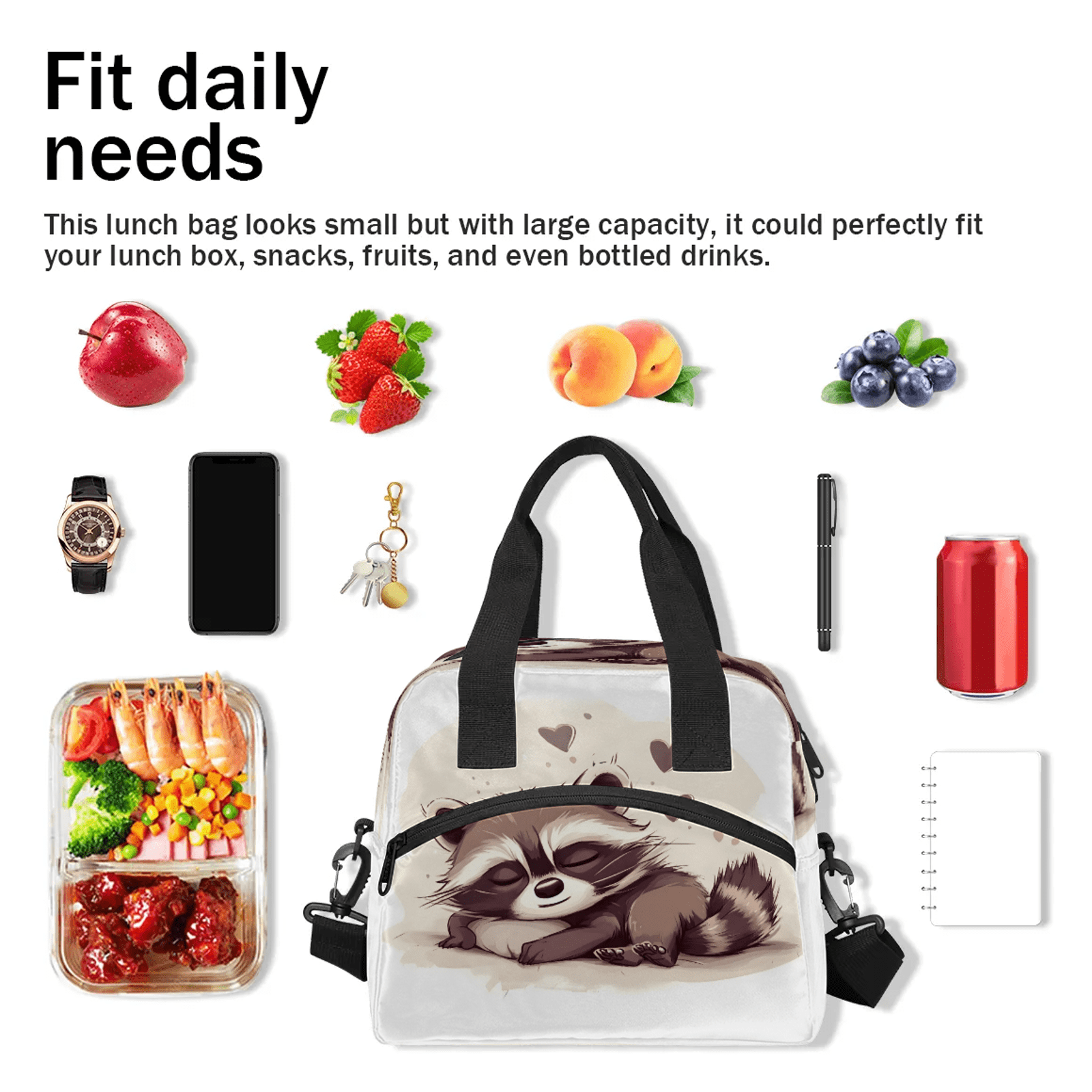 Herdesigns Raccoon Lunch Bag for Women Men Adult, Cute Large Insulated Reusable Lunch Box Leakproof Portable Cooler Tote Bags for Work Picnic Beach