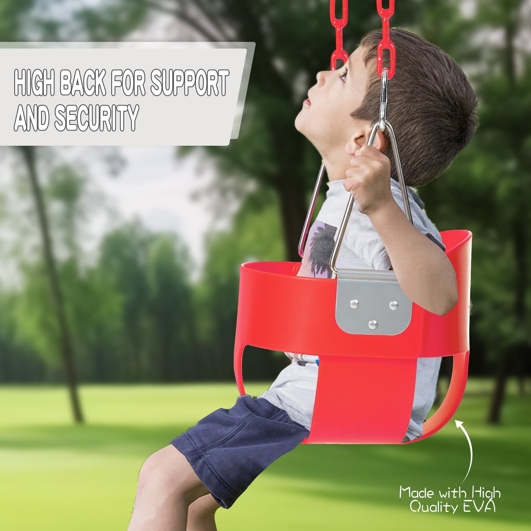 Toddler Swing Seat with Coated Chains, Heavy Duty Kids High Back Bucket Swings with Tree Straps and Hooks for Outdoor, Playground, Backyard, Swing Set Accessories by Domaker, Red