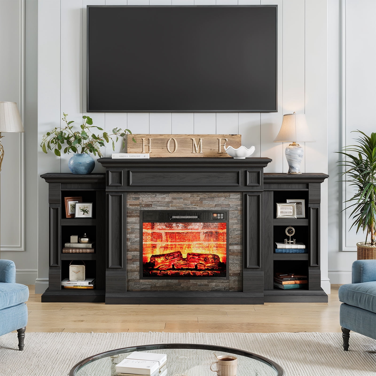 LGHM 72" Electric Fireplace TV Stand for 80 inch TV, Freestanding 23" Fireplace Heater with Mantel for Living Room, Bedroom, Red Brick, Black