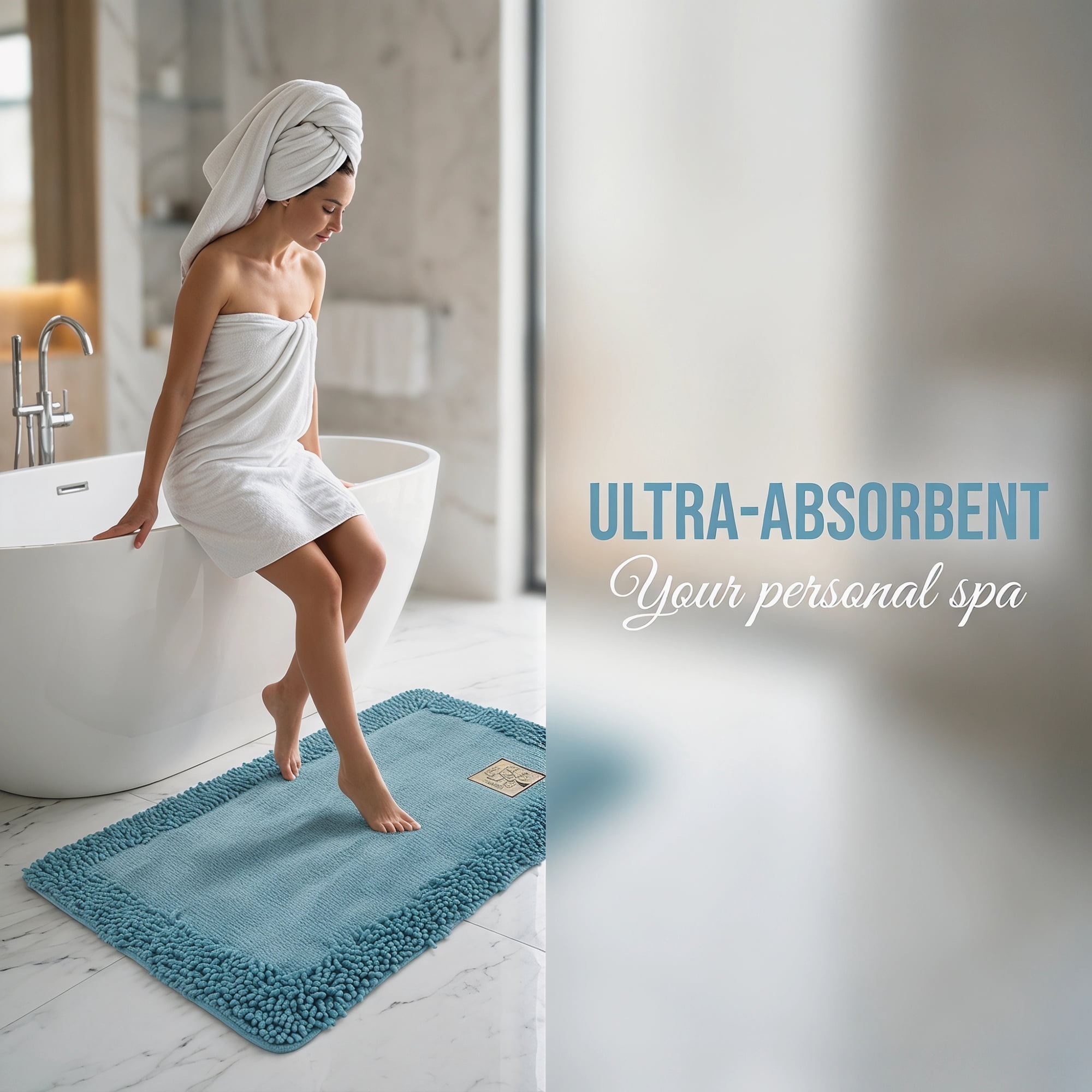 Unique Bargains Chenille Non Slip Bath Mat Ultra Soft Absorbent Shower Rug Blue 24" x 16"