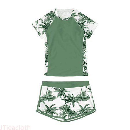 JTieacloth Girls Two Piece Swimwear Set Summer Beach Pool Outfit Floral Print Round Neck Bikini Top With Shorts For Teen Girls Sizes 9-10 Years