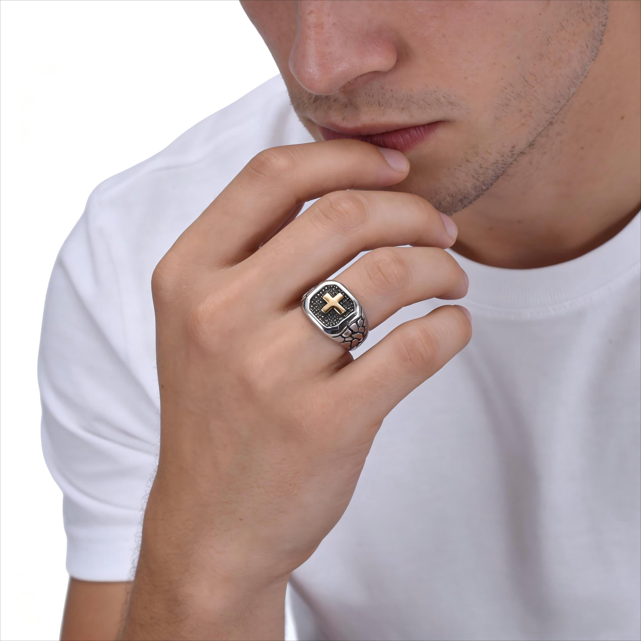 Iron Saints Men Two Tone Textured Cross Signet Ring, Stainless Steel, Religious Men Gift