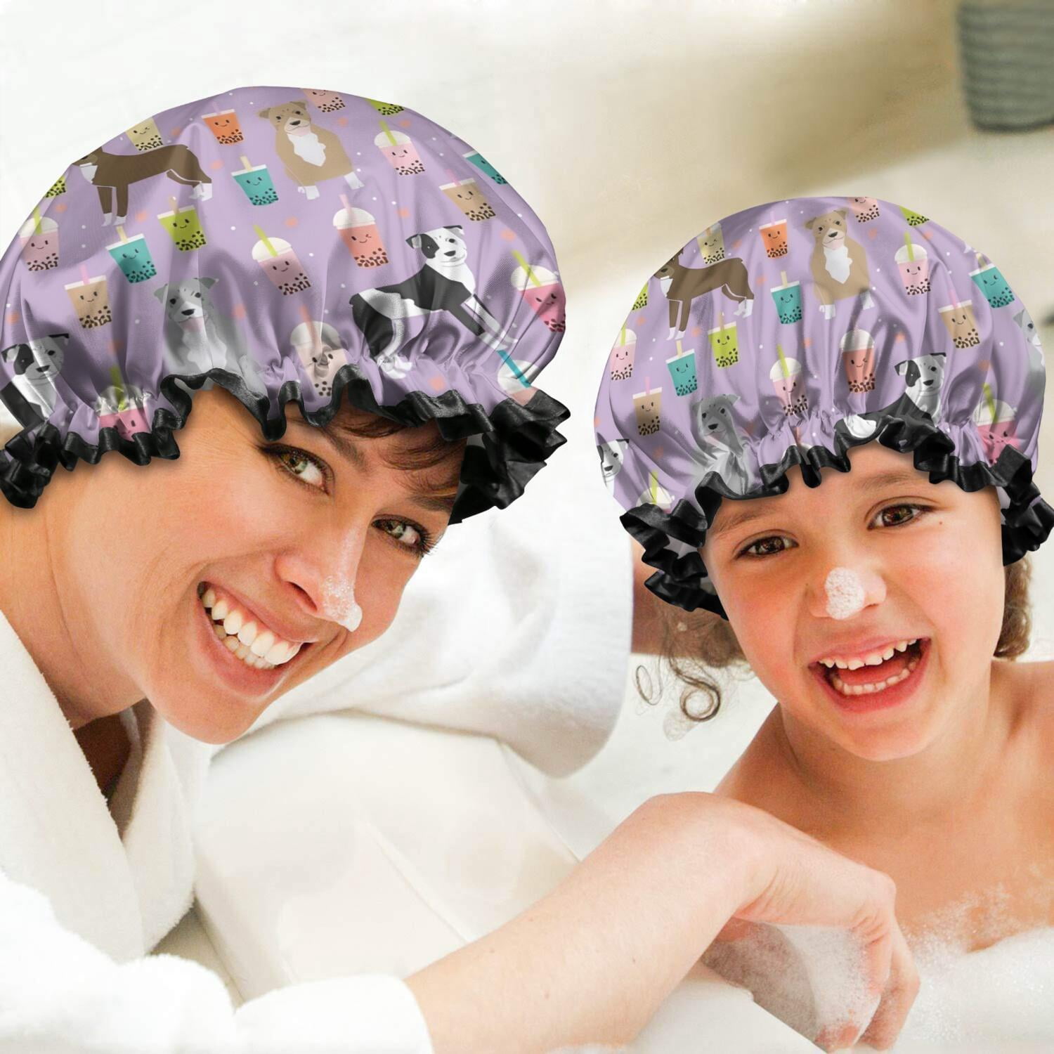 Shower Caps,Boxer Dog Pitbull Terriers Dog and Drinks Waterproof Shower Cap for Women 4 Pieces,Double Reusable Hair Cover for Shower PEVA Elastic Stretch Hem