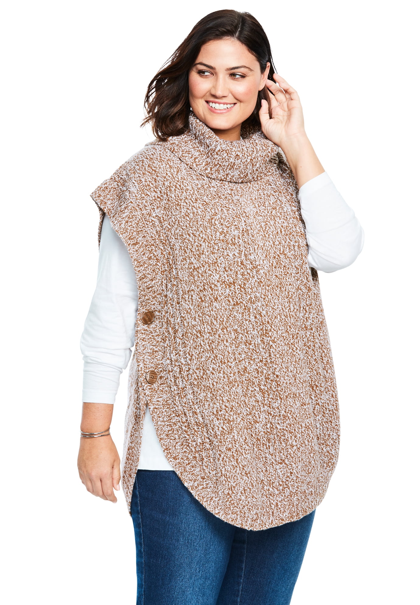 Woman Within Womens Plus Size Marled Knit Cowl Neck Poncho