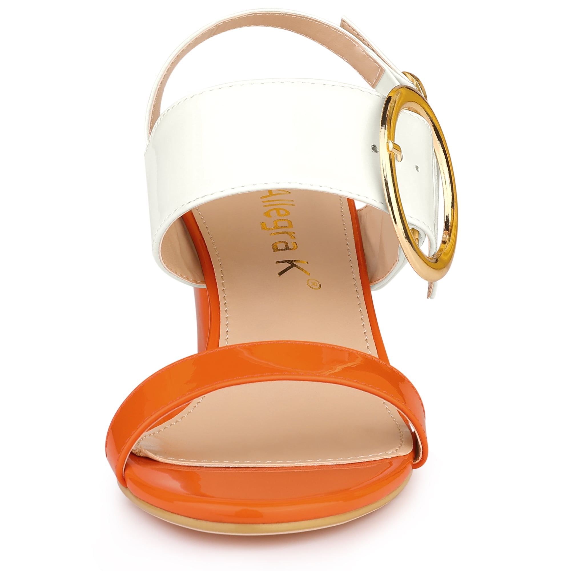 DARING DIVA Women's Slingback Block Heel Sandals with Buckle Decor Orange White 5
